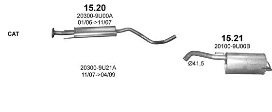 Skica izduvnog sistema za Nissan Note 1.6 — 1.6i 16V, 2006–4/2009 Skica izduvnog sistema za Nissan Note 1.6 — 1.6i 16V, 2006–4/2009