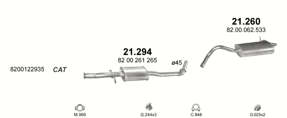 Skica izduvnog sistema za Nissan Kubistar 1.2 — 1.2i 16V, 2003–10/2009