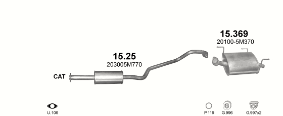 Skica izduvnog sistema za Nissan Almera 1.5 — 1.5 16V, 2000–11/2002 · 2002–9/2006