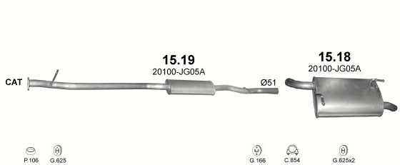Skica izduvnog sistema za Nissan X-Trail 2.0 — 2.0i 2WD/4WD, 2007–11/2013