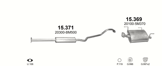 Skica izduvnog sistema za Nissan Almera 1.5 — 1.5i -16V Euro 3/4, 2000–8/2002 · 2002–2006