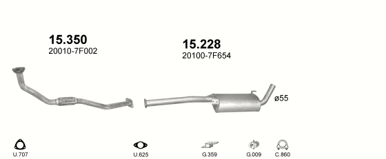 Skica izduvnog sistema za Nissan Terrano II 2.7 D — 2.7 Td dizel, 1999–12/2006