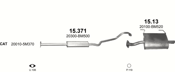 Skica izduvnog sistema za Nissan Almera 1.5 — 1.5i 16V, 2001–8/2002 · 2002–2006