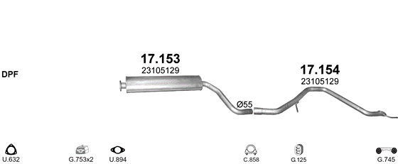 Skica izduvnog sistema za Opel Insignia A 1.6 D — 1.6 CDTi, 2015–3/2017