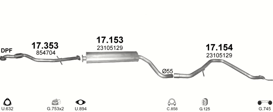Skica izduvnog sistema za Opel Insignia A 2.0 D — 2.0 CDTi dizel, 2012–6/2015