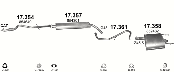 Skica izduvnog sistema za Opel Insignia A 1.6 — 1.6i, 2008–3/2017