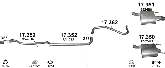 Skica izduvnog sistema za Opel Insignia A 2.0 D — 2.0 CDTi dizel, 2008–3/2012