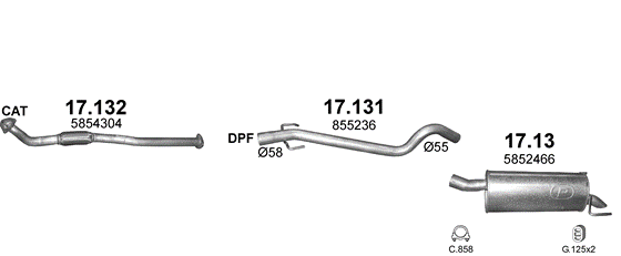 Skica izduvnog sistema za Opel Astra H GTC 1.9 D — 1.9 CDTi dizel, 2005–10/2010