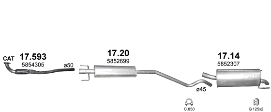 Skica izduvnog sistema za Opel Astra H GTC 1.6 — 1.6i 16V (3 vrata), 2005–10/2010