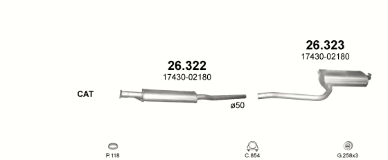 Skica izduvnog sistema za Toyota Avensis 1.6, 1997–5/1998, liftbek / sedan / limuzina