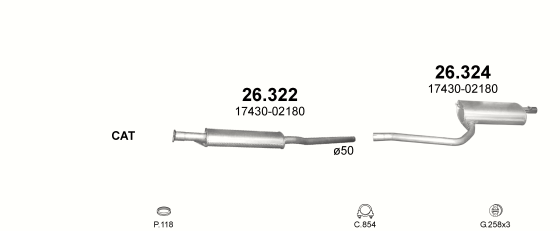 Skica izduvnog sistema za Toyota Avensis 1.6, 1997–5/1998, SW / karavan