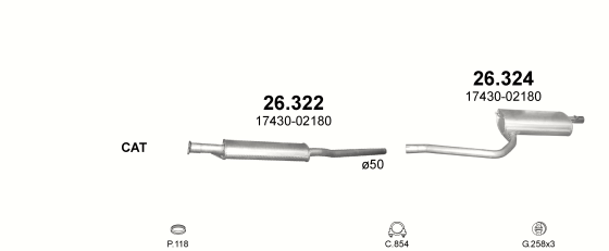 Skica izduvnog sistema za Toyota Avensis 1.6, 1997–7/2000, SW / karavan