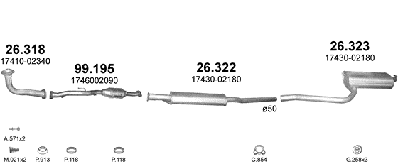 Skica izduvnog sistema za Toyota Avensis 1.8, 1997–7/2000, liftbek