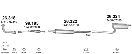 Skica izduvnog sistema za Toyota Avensis 1.8, 1997–7/2000, SW / karavan