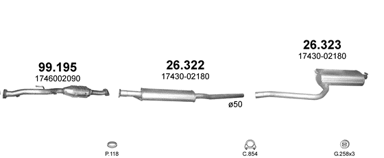 Skica izduvnog sistema za Toyota Avensis 2.0, 1997–7/2000, liftbek
