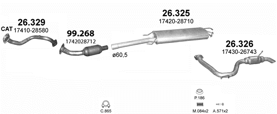 Skica izduvnog sistema za Toyota RAV4 2.0, 2005–11/2008, SUV / terenac Skica izduvnog sistema za Toyota RAV4 2.0, 2005–11/2008, SUV / terenac
