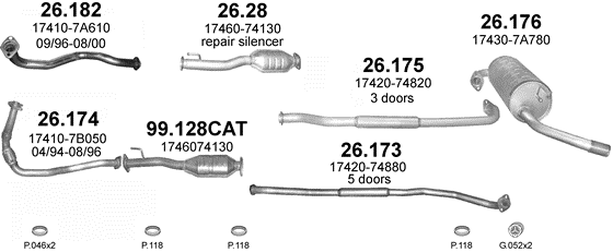 Skica izduvnog sistema za Toyota RAV4 2.0, 1994–5/2000, SUV / terenac Skica izduvnog sistema za Toyota RAV4 2.0, 1994–5/2000, SUV / terenac