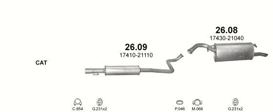 Skica izduvnog sistema za Toyota Yaris Verso 1.3, 1999–11/2002, monovolumen