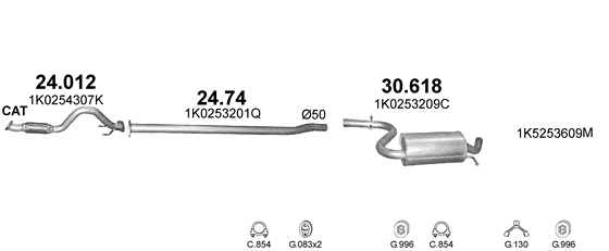 Skica izduvnog sistema za Volkswagen Eos 1.4, 2007–12/2013, kabriolet Skica izduvnog sistema za Volkswagen Eos 1.4, 2007–12/2013, kabriolet