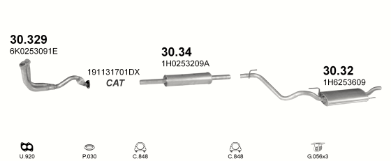 Skica izduvnog sistema za Volkswagen Golf III 1.4, 1991–9/1994, hečbek Skica izduvnog sistema za Volkswagen Golf III 1.4, 1991–9/1994, hečbek
