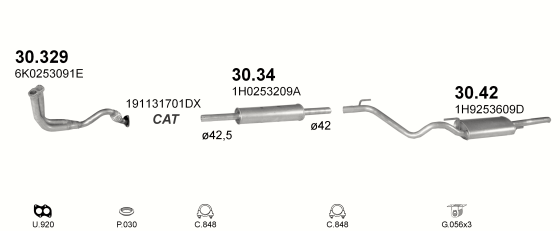 Skica izduvnog sistema za Volkswagen Golf III 1.4, 1993–9/1994, SW / karavan Skica izduvnog sistema za Volkswagen Golf III 1.4, 1993–9/1994, SW / karavan