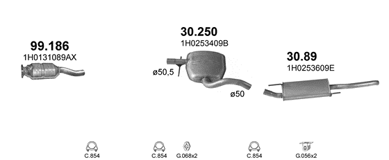 Skica izduvnog sistema za Volkswagen Golf III 1.6, 1994–4/1999, SW / karavan Skica izduvnog sistema za Volkswagen Golf III 1.6, 1994–4/1999, SW / karavan