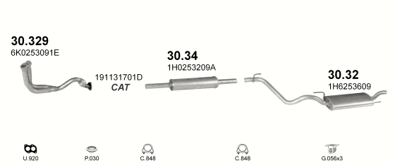 Skica izduvnog sistema za Volkswagen Golf III 1.6, 1992–9/1994, hečbek Skica izduvnog sistema za Volkswagen Golf III 1.6, 1992–9/1994, hečbek