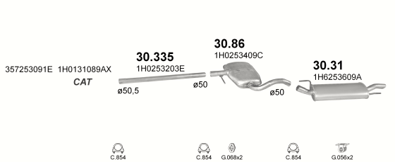 Skica izduvnog sistema za Volkswagen Golf III 1.6, 1995–9/1997, hečbek Skica izduvnog sistema za Volkswagen Golf III 1.6, 1995–9/1997, hečbek
