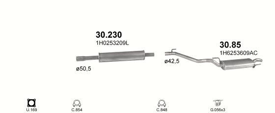 Skica izduvnog sistema za Volkswagen Golf III 1.8, 1995–12/1997, hečbek Skica izduvnog sistema za Volkswagen Golf III 1.8, 1995–12/1997, hečbek