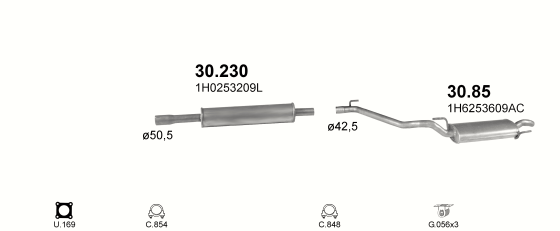Skica izduvnog sistema za Volkswagen Golf III 1.8, 1995–10/2000, kabriolet Skica izduvnog sistema za Volkswagen Golf III 1.8, 1995–10/2000, kabriolet