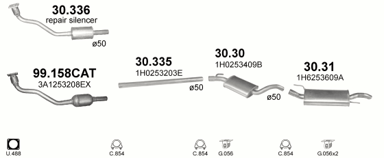 Skica izduvnog sistema za Volkswagen Golf III 1.8, 1995–12/1997, hečbek Skica izduvnog sistema za Volkswagen Golf III 1.8, 1995–12/1997, hečbek
