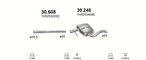 Skica izduvnog sistema za Volkswagen Golf III 1.9 D, 1996–4/1999, SW / karavan Skica izduvnog sistema za Volkswagen Golf III 1.9 D, 1996–4/1999, SW / karavan