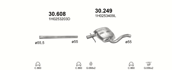Skica izduvnog sistema za Volkswagen Golf III 1.9 D, 1996–12/1997, hečbek / kabriolet Skica izduvnog sistema za Volkswagen Golf III 1.9 D, 1996–12/1997, hečbek / kabriolet