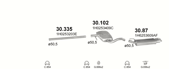Skica izduvnog sistema za Volkswagen Golf III 1.9 D, 1996–12/2001, kabriolet Skica izduvnog sistema za Volkswagen Golf III 1.9 D, 1996–12/2001, kabriolet