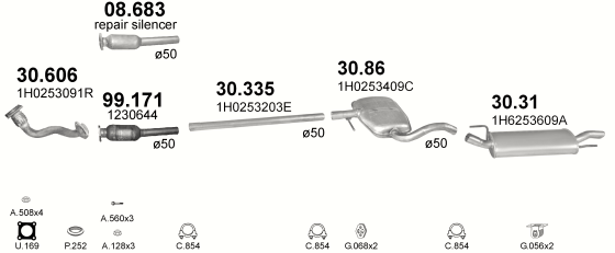Skica izduvnog sistema za Volkswagen Golf III 1.9 D, 1991–7/1993, hečbek Skica izduvnog sistema za Volkswagen Golf III 1.9 D, 1991–7/1993, hečbek
