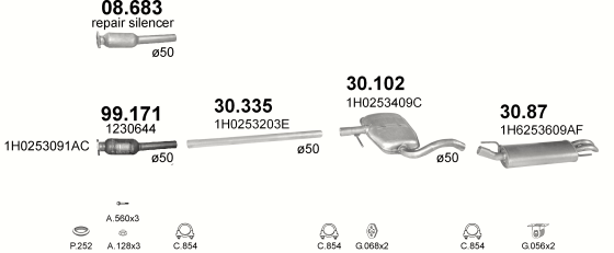 Skica izduvnog sistema za Volkswagen Golf III 1.9 D, 1993–7/1996, hečbek Skica izduvnog sistema za Volkswagen Golf III 1.9 D, 1993–7/1996, hečbek