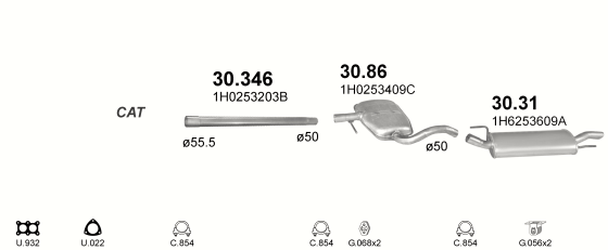 Skica izduvnog sistema za Volkswagen Golf III 2.0, 1991–7/1992, hečbek Skica izduvnog sistema za Volkswagen Golf III 2.0, 1991–7/1992, hečbek