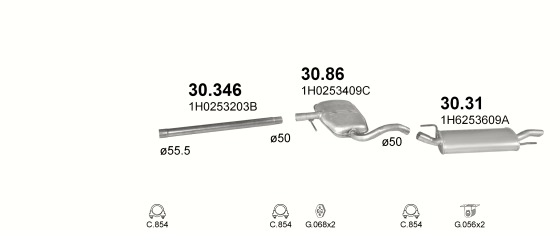 Skica izduvnog sistema za Volkswagen Golf III 2.0, 1992–7/1993, hečbek Skica izduvnog sistema za Volkswagen Golf III 2.0, 1992–7/1993, hečbek