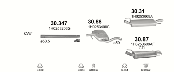 Skica izduvnog sistema za Volkswagen Golf III 2.0, 1993–12/1997, hečbek Skica izduvnog sistema za Volkswagen Golf III 2.0, 1993–12/1997, hečbek