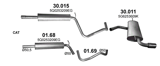 Skica izduvnog sistema za Volkswagen Golf VII 1.0, 2015–2018, hečbek / monovolumen Skica izduvnog sistema za Volkswagen Golf VII 1.0, 2015–2018, hečbek / monovolumen