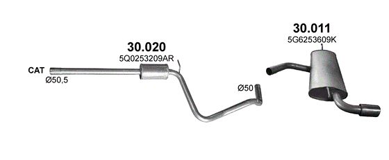 Skica izduvnog sistema za Volkswagen Golf VII 1.2, 2012–3/2017, hečbek / monovolumen Skica izduvnog sistema za Volkswagen Golf VII 1.2, 2012–3/2017, hečbek / monovolumen