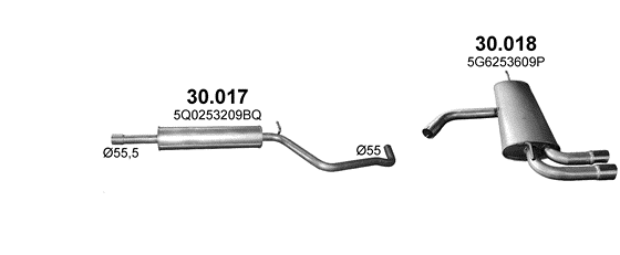 Skica izduvnog sistema za Volkswagen Golf VII 1.4, 2012–8/2020, hečbek / monovolumen Skica izduvnog sistema za Volkswagen Golf VII 1.4, 2012–8/2020, hečbek / monovolumen