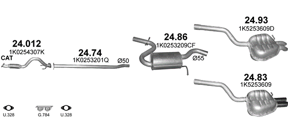 Skica izduvnog sistema za Volkswagen Jetta V 1.4, 2005–10/2010, sedan / limuzina