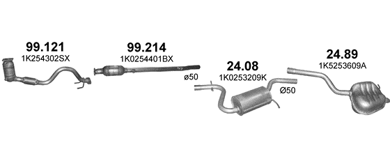 Skica izduvnog sistema za Volkswagen Jetta V 1.6, 2005–6/2008, sedan / limuzina