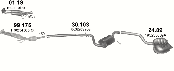 Skica izduvnog sistema za Volkswagen Jetta V 1.6, 2005–10/2010, sedan / limuzina