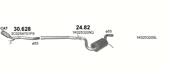 Skica izduvnog sistema za Volkswagen Jetta V 2.0 D, 2005–10/2010, sedan / limuzina
