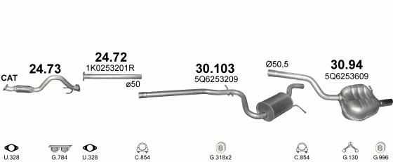Skica izduvnog sistema za Volkswagen Jetta VI 1.2, 2011–12/2017, sedan / limuzina