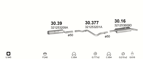 Skica izduvnog sistema za Volkswagen Passat 1.6 D, 1981–7/1988, liftbek Skica izduvnog sistema za Volkswagen Passat 1.6 D, 1981–7/1988, liftbek
