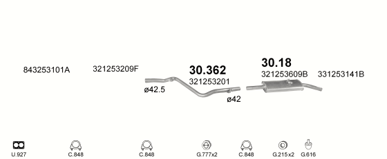 Skica izduvnog sistema za Volkswagen Passat 1.6, 1980–2/1988, liftbek / SW / karavan Skica izduvnog sistema za Volkswagen Passat 1.6, 1980–2/1988, liftbek / SW / karavan