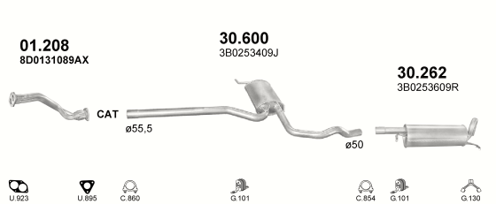 Skica izduvnog sistema za Volkswagen Passat 1.8, 1996–9/2000, sedan / limuzina / SW / karavan Skica izduvnog sistema za Volkswagen Passat 1.8, 1996–9/2000, sedan / limuzina / SW / karavan